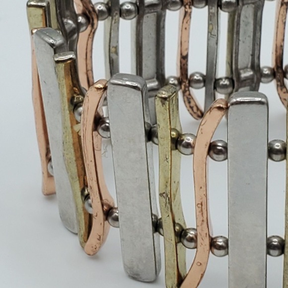 Tri Tone Slat Bracelet Stretch Gold Silver Rose Tone Womens Fashion Jewelry - Picture 2 of 8